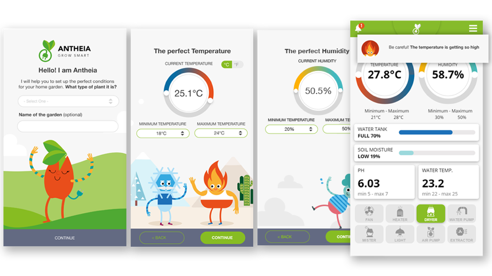 Antheia onboarding — meet Antheia, set temperature, set humidity, monitor dashboard